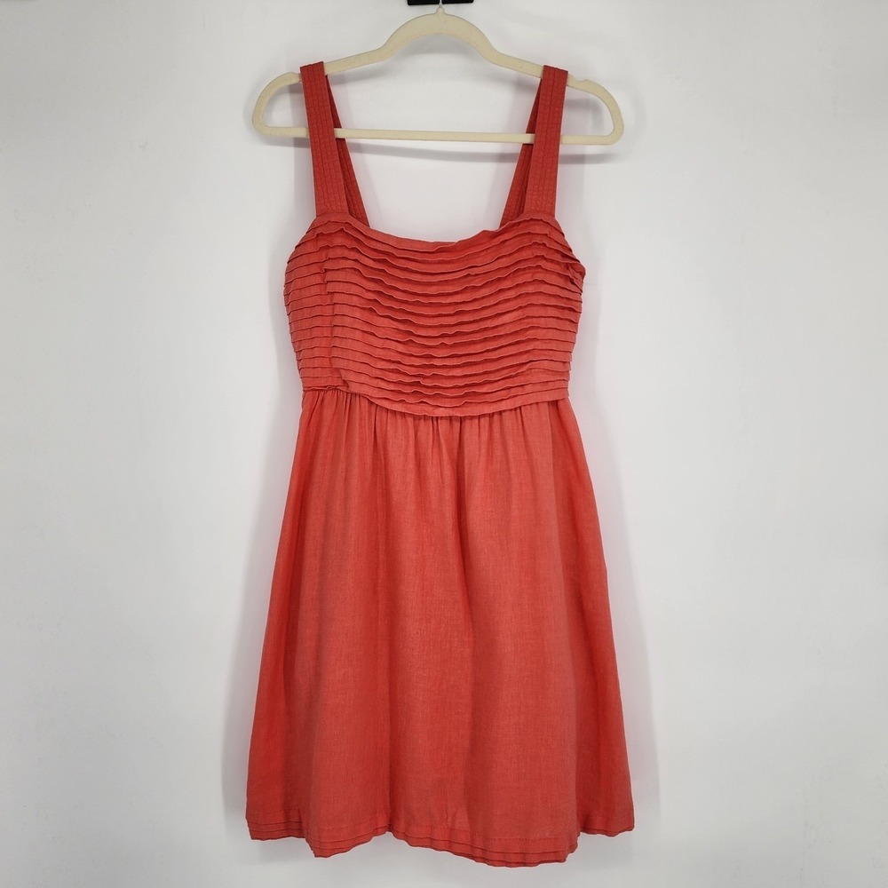 Womens Linen Blend Pleated Top Knee Length Dress Size 6 Summer Beachy Vacation